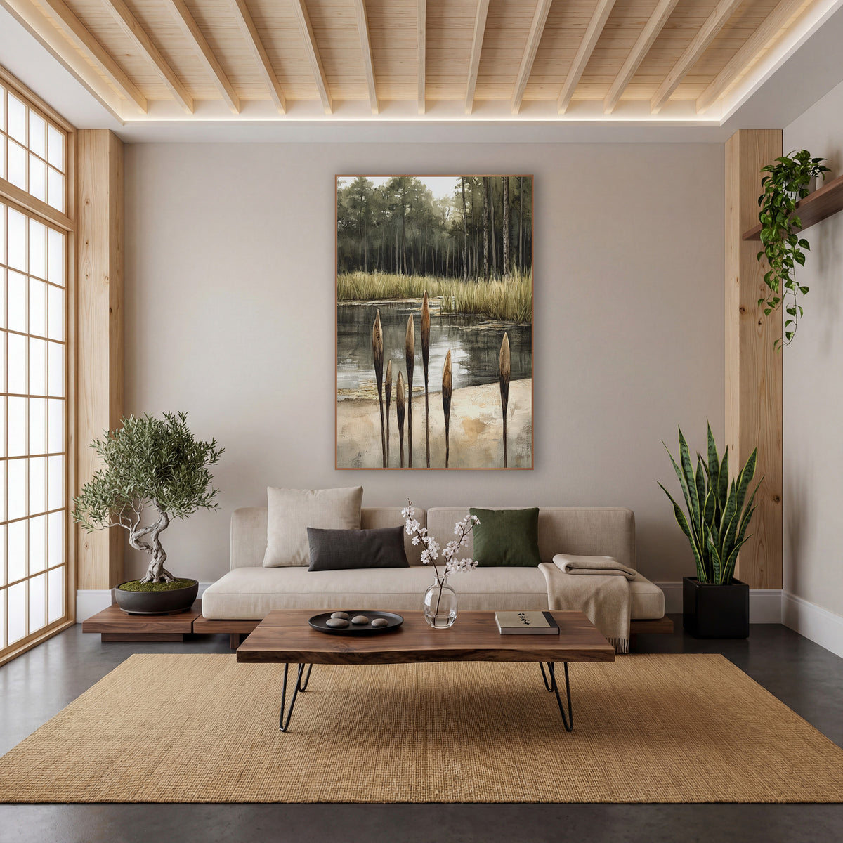 Quiet Cattail Pond Landscape Japandi wall art in a calm Japandi-style room – six brown cattails beside a still pond