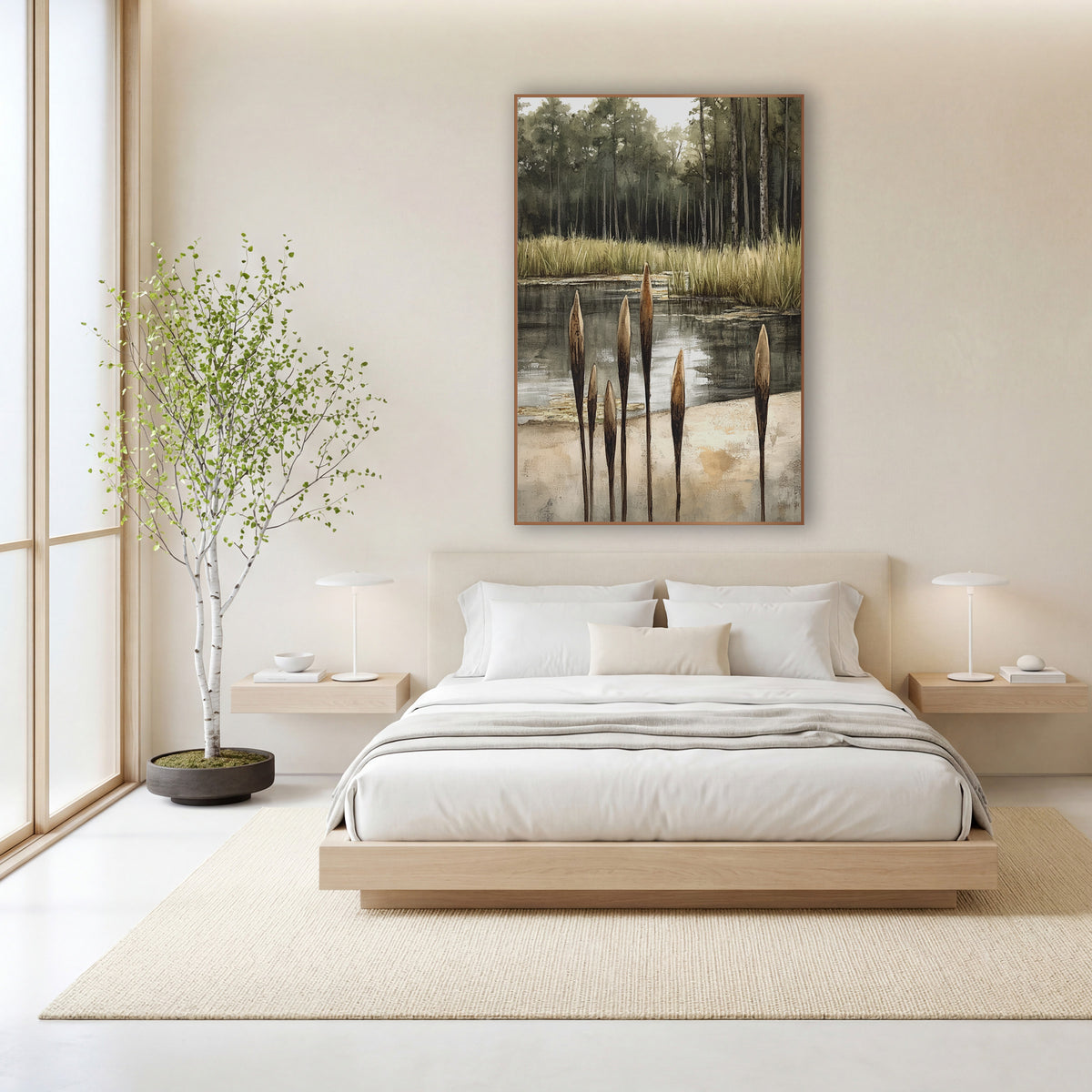 Quiet Cattail Pond Landscape Japandi wall art in a calm Japandi-style room – six brown cattails beside a still pond