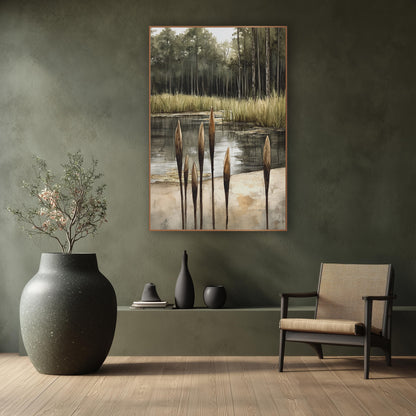 Quiet Cattail Pond Landscape Japandi wall art in a calm Japandi-style room – six brown cattails beside a still pond