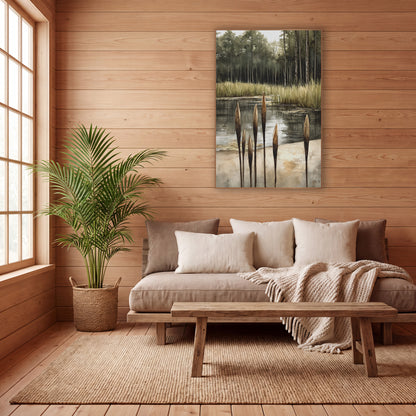 Quiet Cattail Pond Landscape Japandi wall art in a calm Japandi-style room – six brown cattails beside a still pond