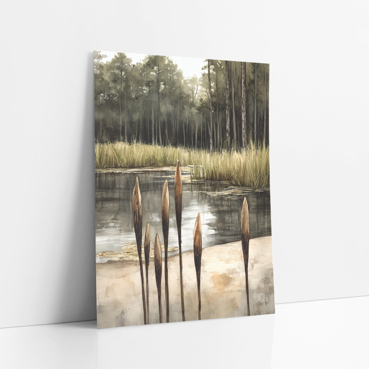 Quiet Cattail Pond Landscape Japandi art print leaning against a white wall – six brown cattails beside a still pond