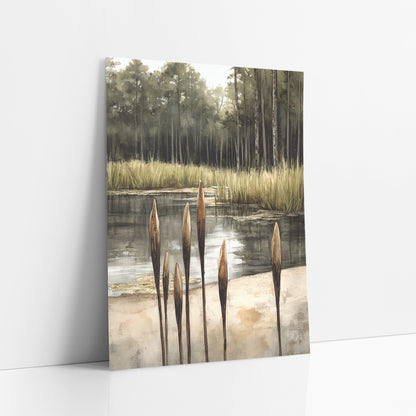 Quiet Cattail Pond Landscape Japandi art print leaning against a white wall – six brown cattails beside a still pond