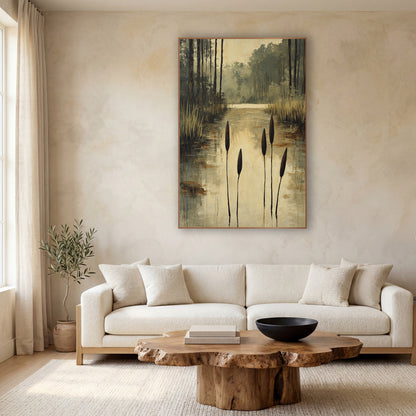 Four Cattails Golden Reflections Painterly wall art in a calm Japandi-style room – five dark cattails rising