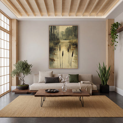 Four Cattails Golden Reflections Painterly wall art in a calm Japandi-style room – five dark cattails rising