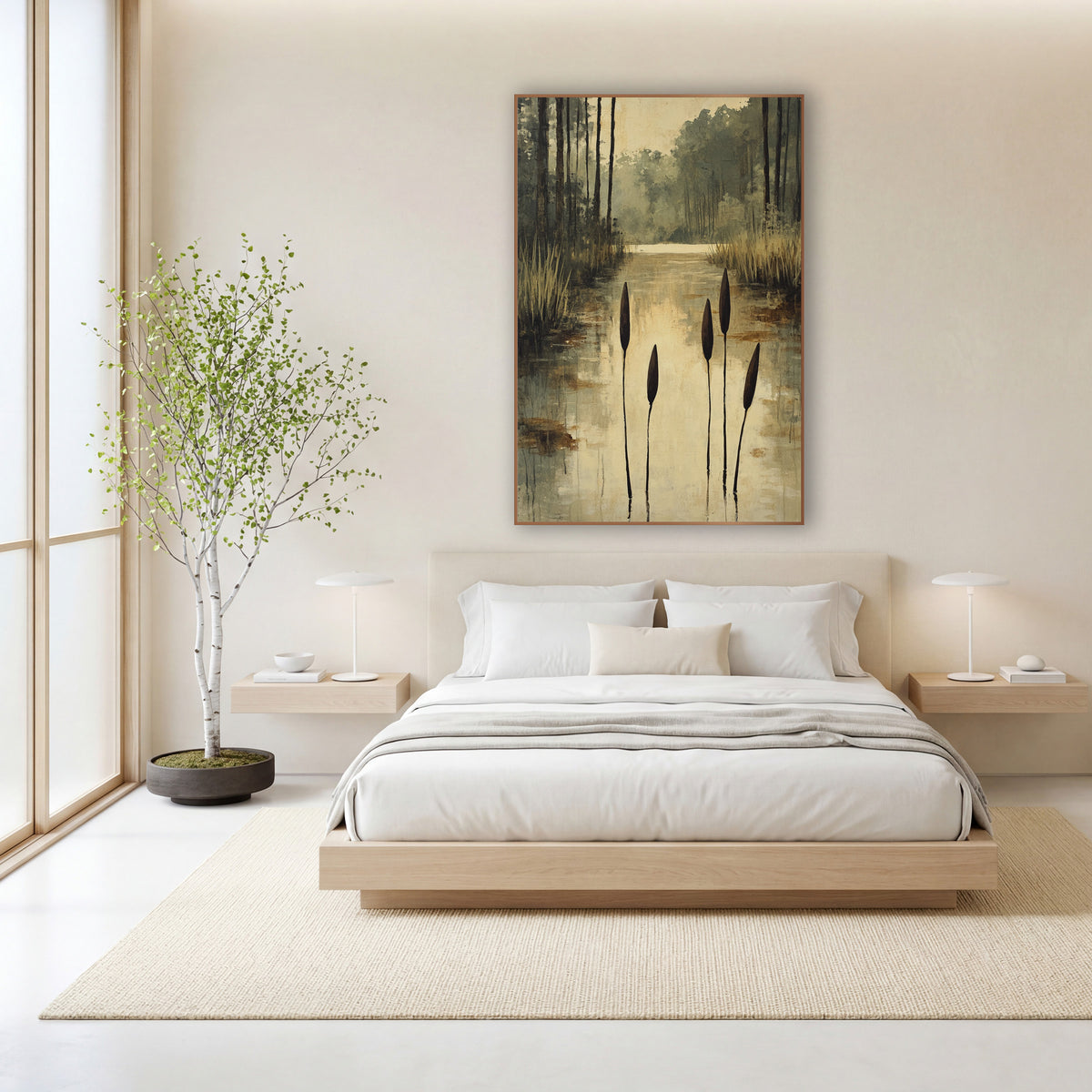 Four Cattails Golden Reflections Painterly wall art in a calm Japandi-style room – five dark cattails rising