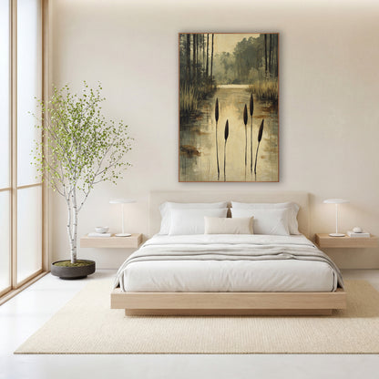 Four Cattails Golden Reflections Painterly wall art in a calm Japandi-style room – five dark cattails rising