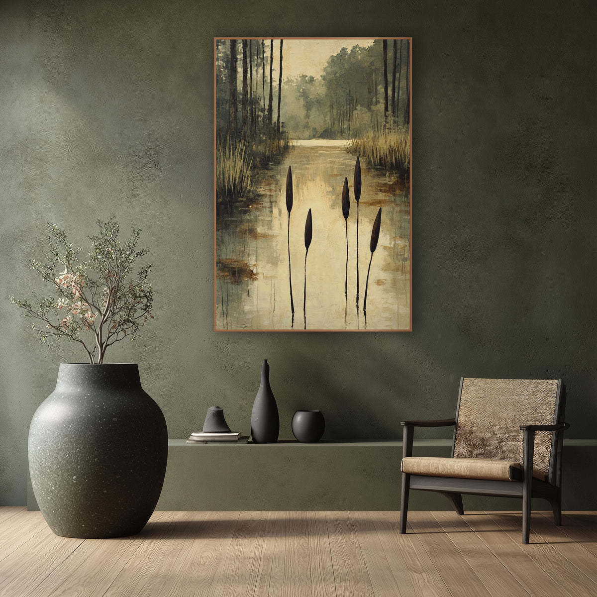 Four Cattails Golden Reflections Painterly wall art in a calm Japandi-style room – five dark cattails rising