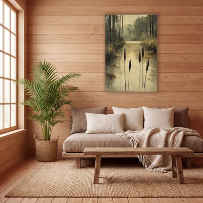 Four Cattails Golden Reflections Painterly wall art in a calm Japandi-style room – five dark cattails rising