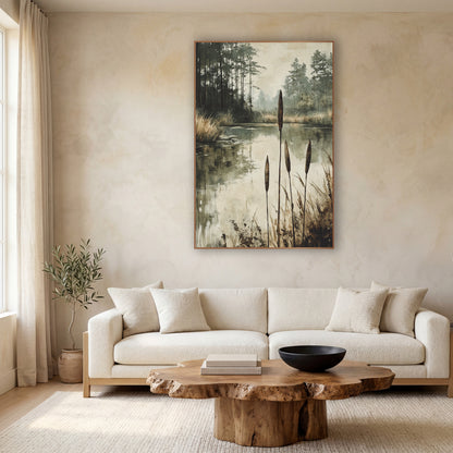 Misty Pond Cattails Japandi Landscape wall art in a calm Japandi-style room – four tall cattails beside a still pond