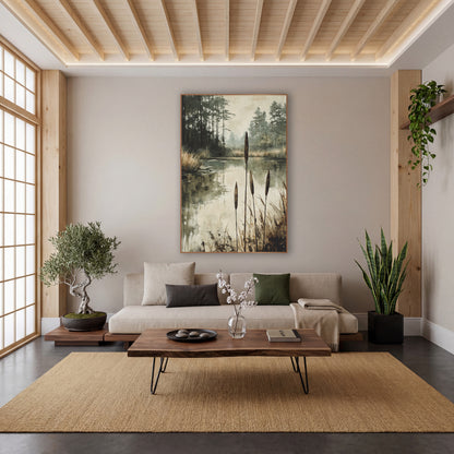 Misty Pond Cattails Japandi Landscape wall art in a calm Japandi-style room – four tall cattails beside a still pond