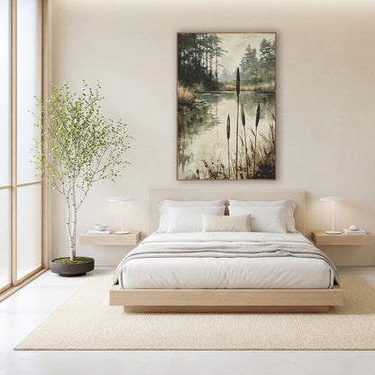 Misty Pond Cattails Japandi Landscape wall art in a calm Japandi-style room – four tall cattails beside a still pond