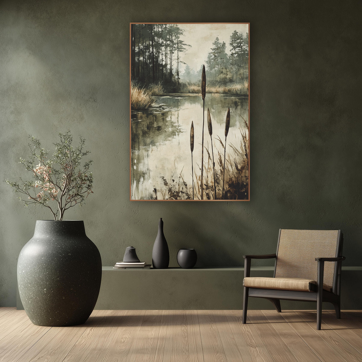 Misty Pond Cattails Japandi Landscape wall art in a calm Japandi-style room – four tall cattails beside a still pond
