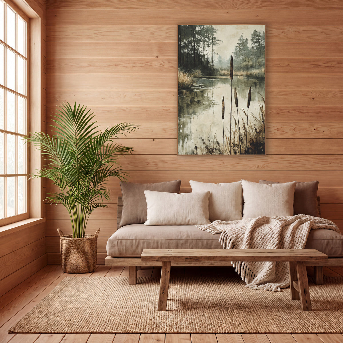 Misty Pond Cattails Japandi Landscape wall art in a calm Japandi-style room – four tall cattails beside a still pond
