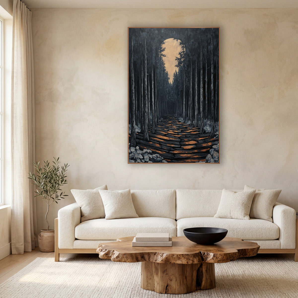 Keyhole Moon Pine Corridor Japandi wall art in a calm Japandi-style room – dark evergreen forest with a log path lit