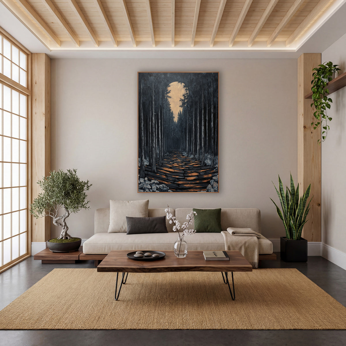 Keyhole Moon Pine Corridor Japandi wall art in a calm Japandi-style room – dark evergreen forest with a log path lit