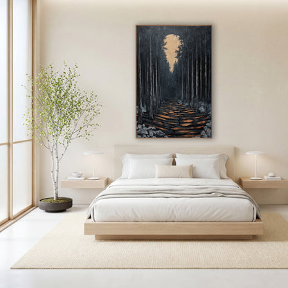 Keyhole Moon Pine Corridor Japandi wall art in a calm Japandi-style room – dark evergreen forest with a log path lit