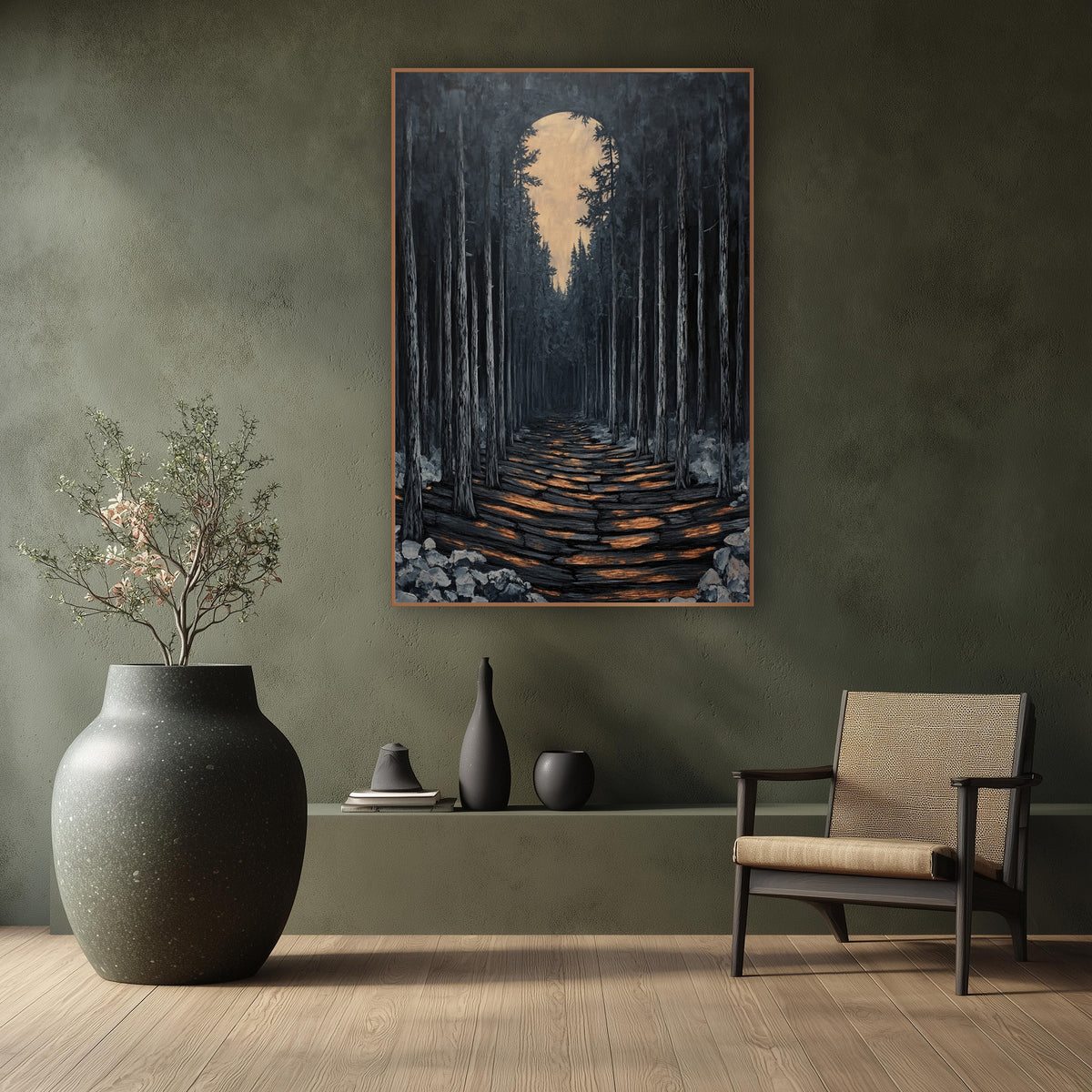 Keyhole Moon Pine Corridor Japandi wall art in a calm Japandi-style room – dark evergreen forest with a log path lit