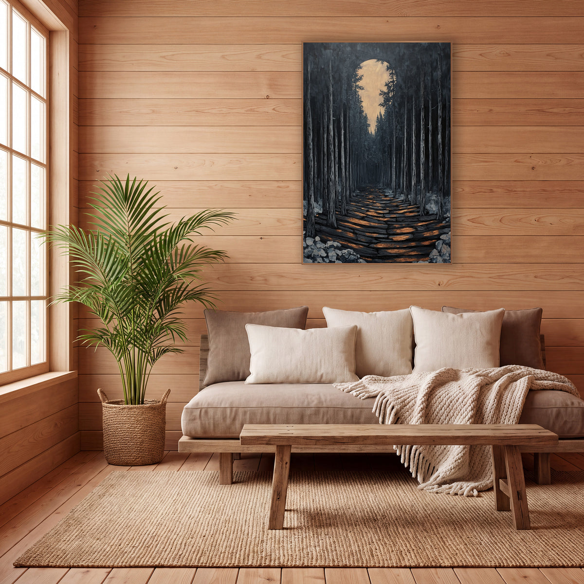 Keyhole Moon Pine Corridor Japandi wall art in a calm Japandi-style room – dark evergreen forest with a log path lit