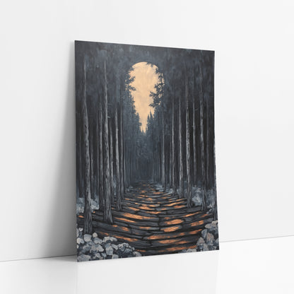 Keyhole Moon Pine Corridor Japandi art print leaning against a white wall – dark evergreen forest with a log path lit