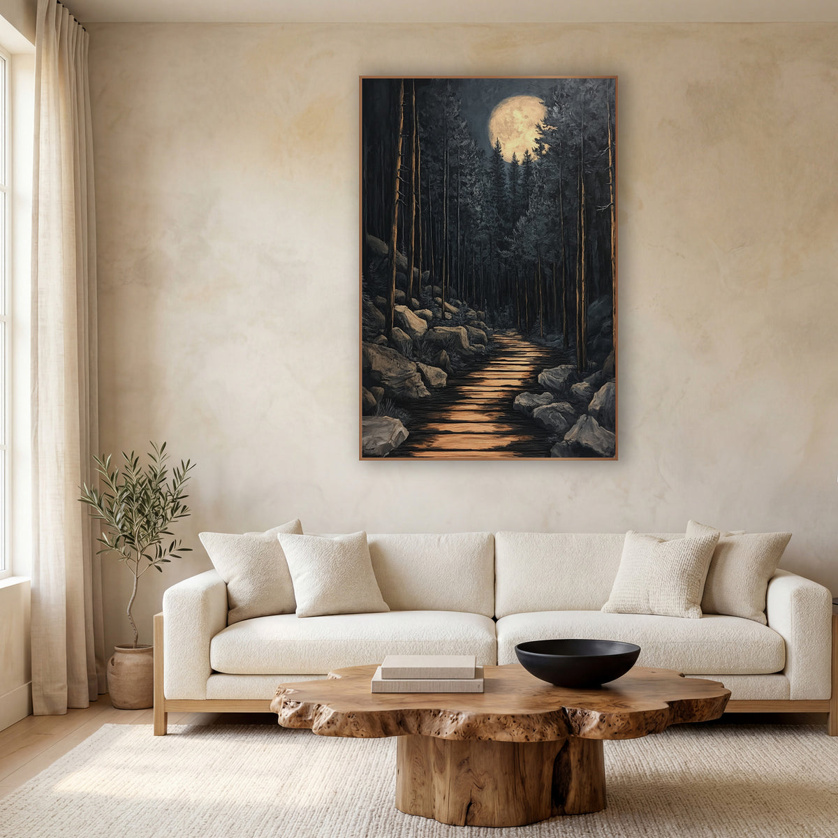 Full Moon Boulder Trail Japandi wall art in a calm Japandi-style room – full moon above tall evergreens
