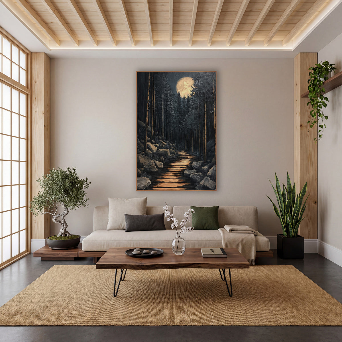 Full Moon Boulder Trail Japandi wall art in a calm Japandi-style room – full moon above tall evergreens