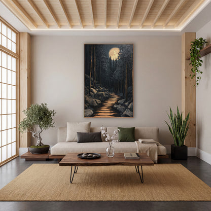 Full Moon Boulder Trail Japandi wall art in a calm Japandi-style room – full moon above tall evergreens
