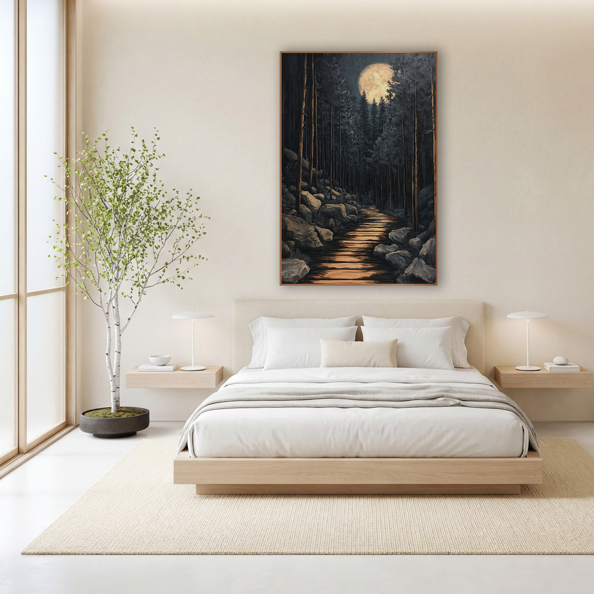 Full Moon Boulder Trail Japandi wall art in a calm Japandi-style room – full moon above tall evergreens