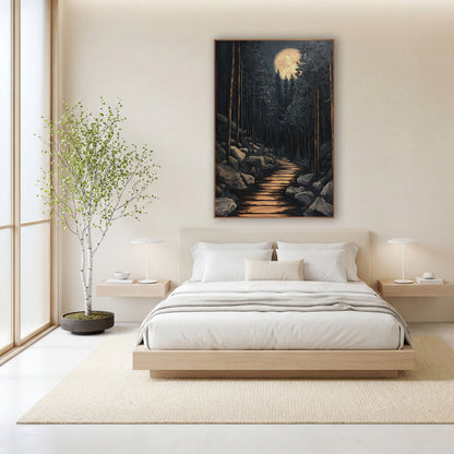 Full Moon Boulder Trail Japandi wall art in a calm Japandi-style room – full moon above tall evergreens