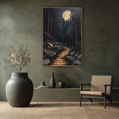 Full Moon Boulder Trail Japandi wall art in a calm Japandi-style room – full moon above tall evergreens