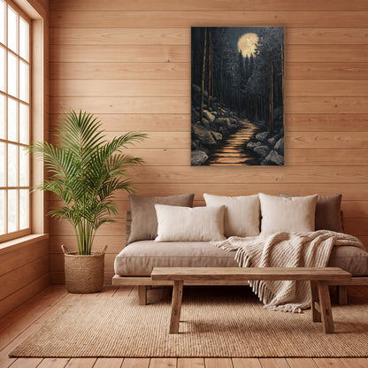 Full Moon Boulder Trail Japandi wall art in a calm Japandi-style room – full moon above tall evergreens