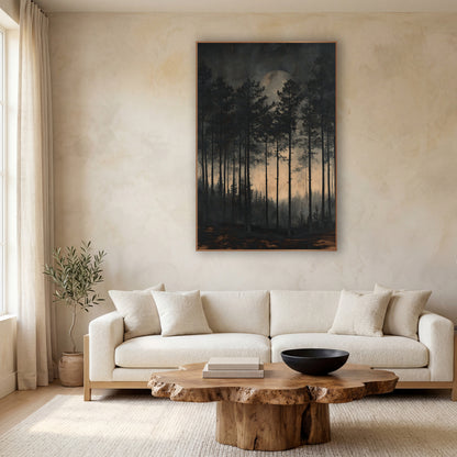 Moonlit Evergreen Forest Japandi Landscape wall art in a calm Japandi-style room – tall slim evergreen trees in a dark