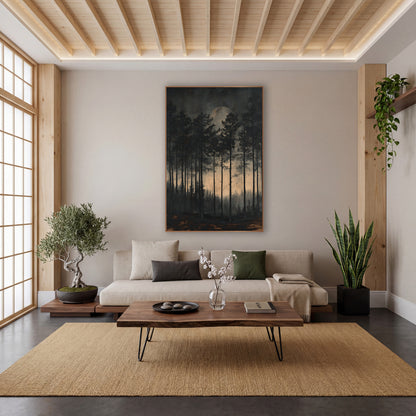 Moonlit Evergreen Forest Japandi Landscape wall art in a calm Japandi-style room – tall slim evergreen trees in a dark