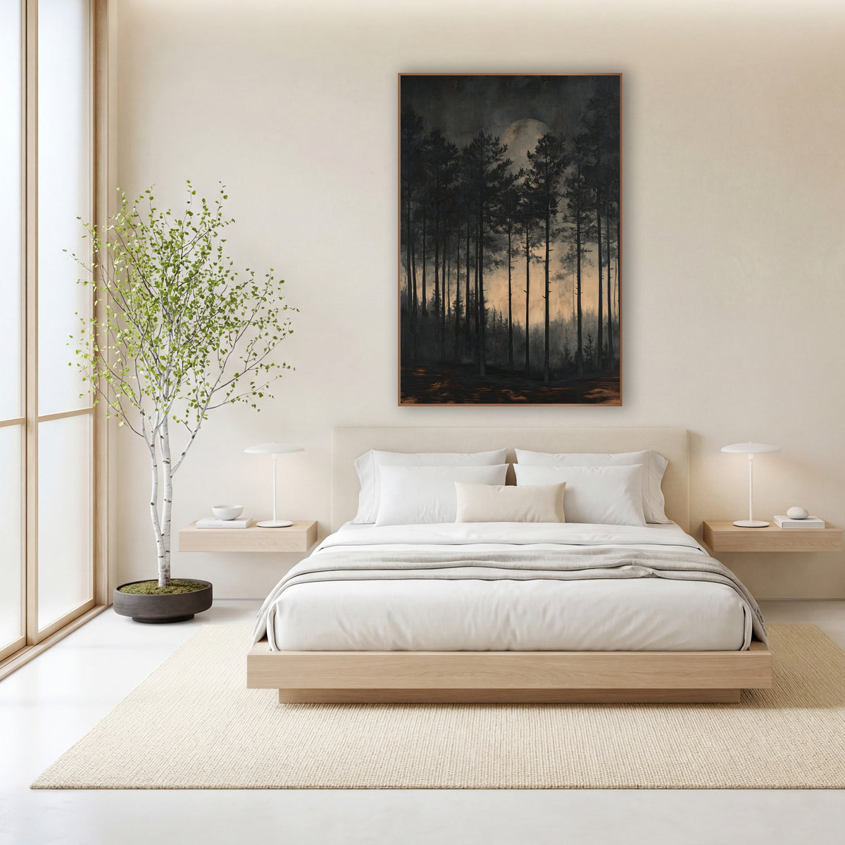 Moonlit Evergreen Forest Japandi Landscape wall art in a calm Japandi-style room – tall slim evergreen trees in a dark