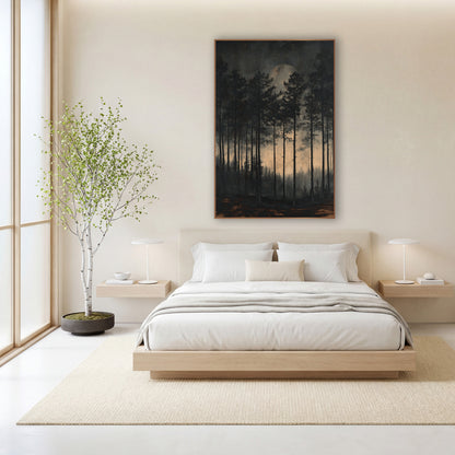 Moonlit Evergreen Forest Japandi Landscape wall art in a calm Japandi-style room – tall slim evergreen trees in a dark