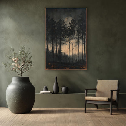 Moonlit Evergreen Forest Japandi Landscape wall art in a calm Japandi-style room – tall slim evergreen trees in a dark