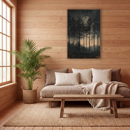 Moonlit Evergreen Forest Japandi Landscape wall art in a calm Japandi-style room – tall slim evergreen trees in a dark