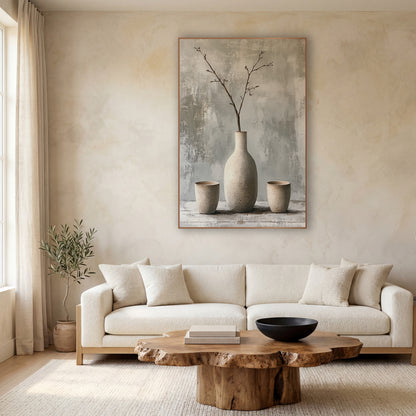 Speckled Vase Branch Still Life Japandi wall art in a calm Japandi-style room – tall cream speckled vase with bare
