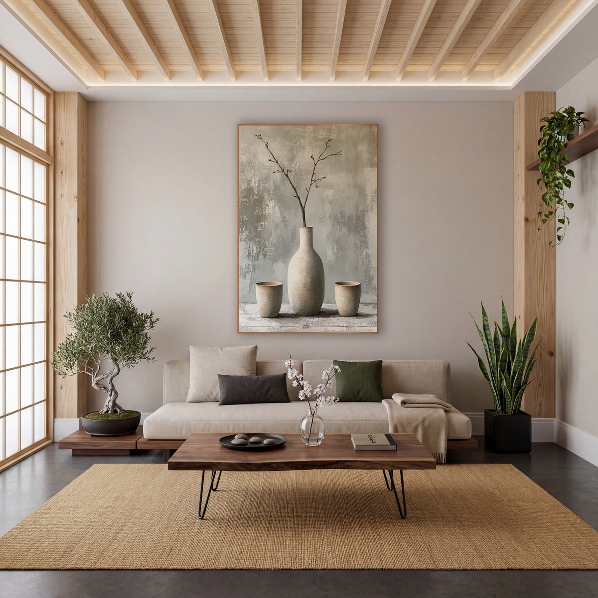 Speckled Vase Branch Still Life Japandi wall art in a calm Japandi-style room – tall cream speckled vase with bare