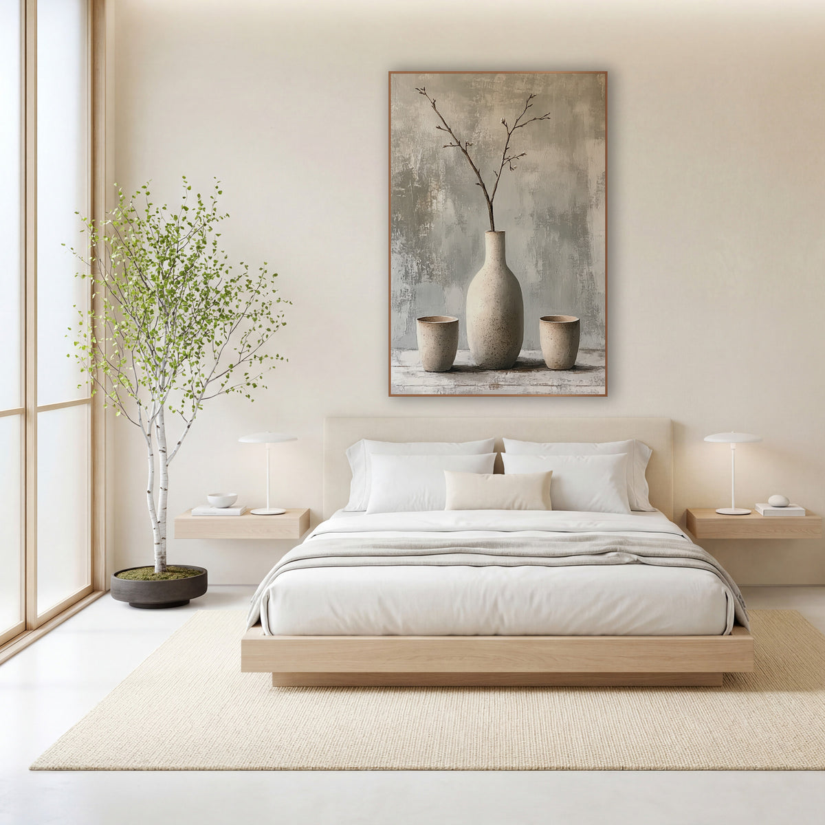 Speckled Vase Branch Still Life Japandi wall art in a calm Japandi-style room – tall cream speckled vase with bare
