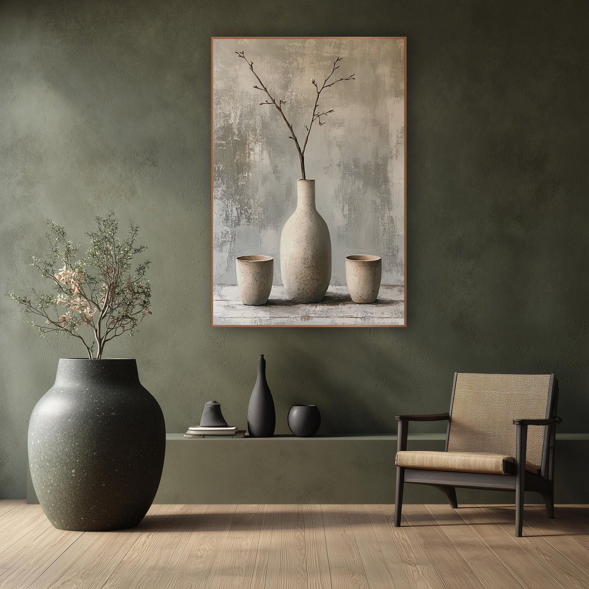 Speckled Vase Branch Still Life Japandi wall art in a calm Japandi-style room – tall cream speckled vase with bare
