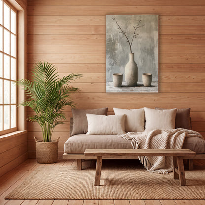 Speckled Vase Branch Still Life Japandi wall art in a calm Japandi-style room – tall cream speckled vase with bare
