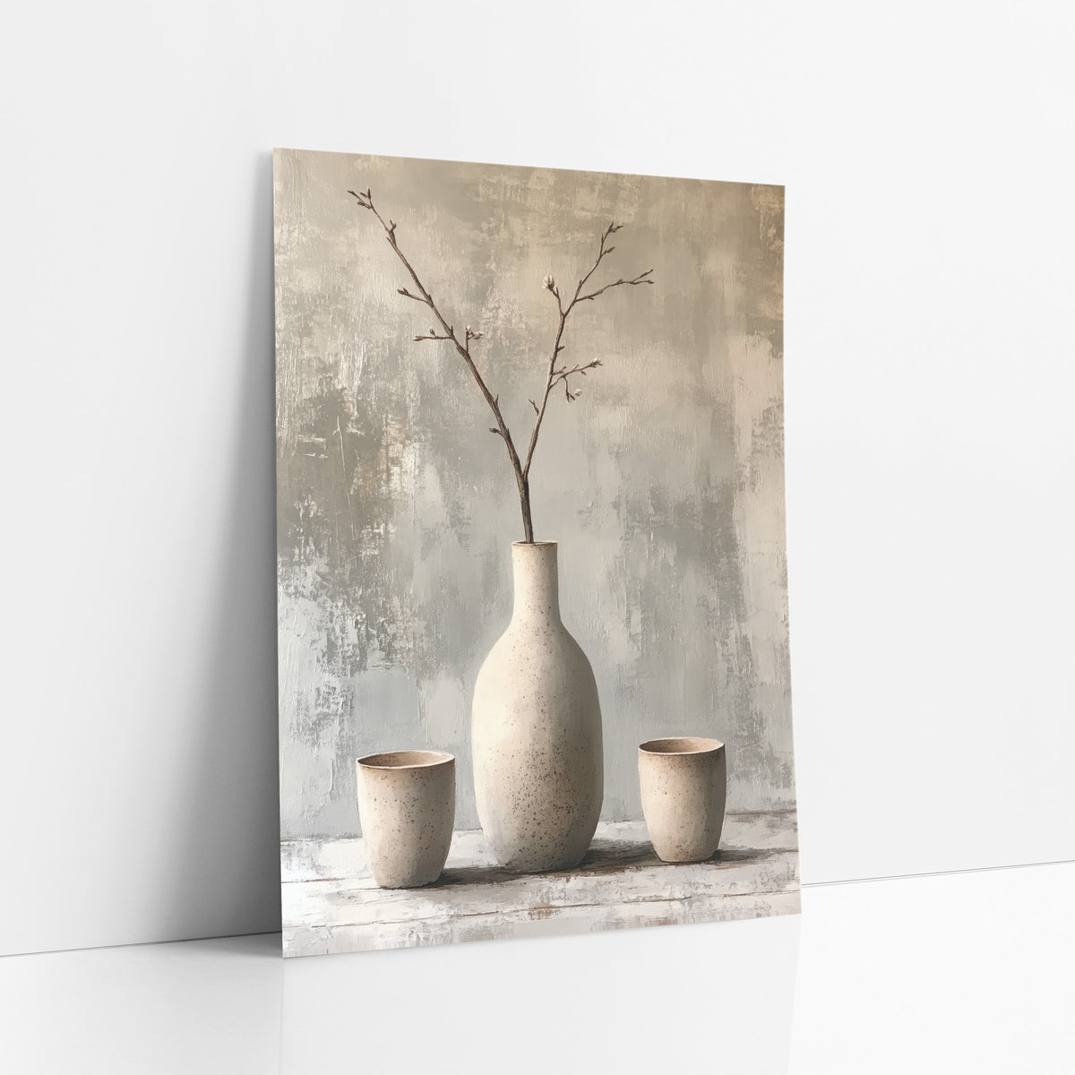 Speckled Vase Branch Still Life Japandi art print leaning against a white wall – tall cream speckled vase with bare branches