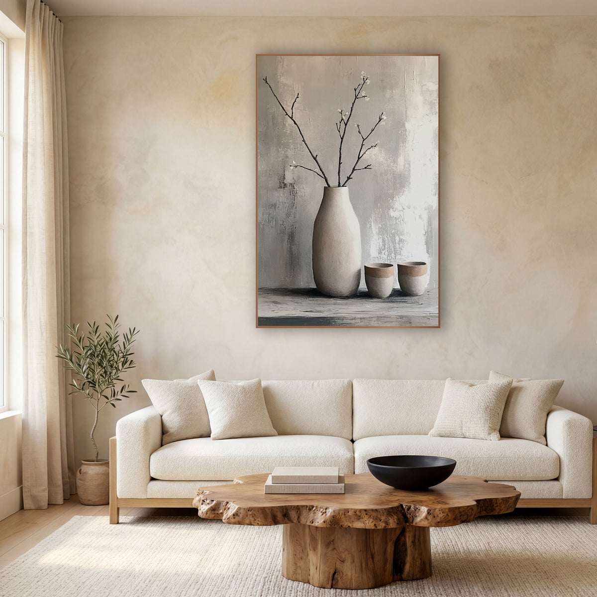 Bare Branch Vase Japandi Still Life wall art in a calm Japandi-style room – tall cream vase with bare blossoming