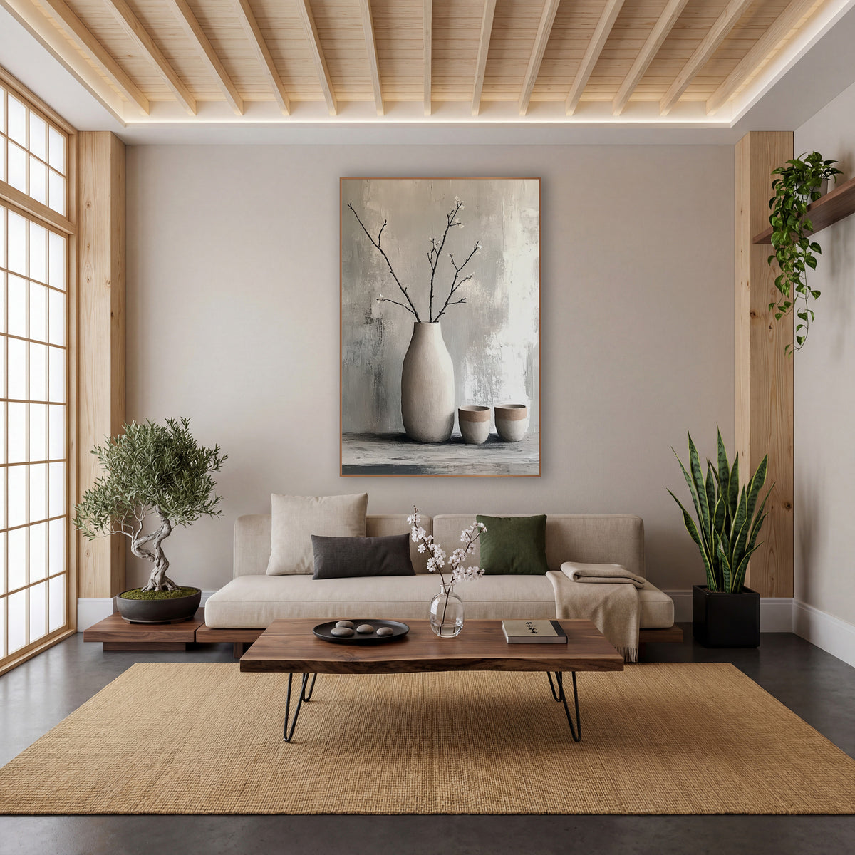 Bare Branch Vase Japandi Still Life wall art in a calm Japandi-style room – tall cream vase with bare blossoming