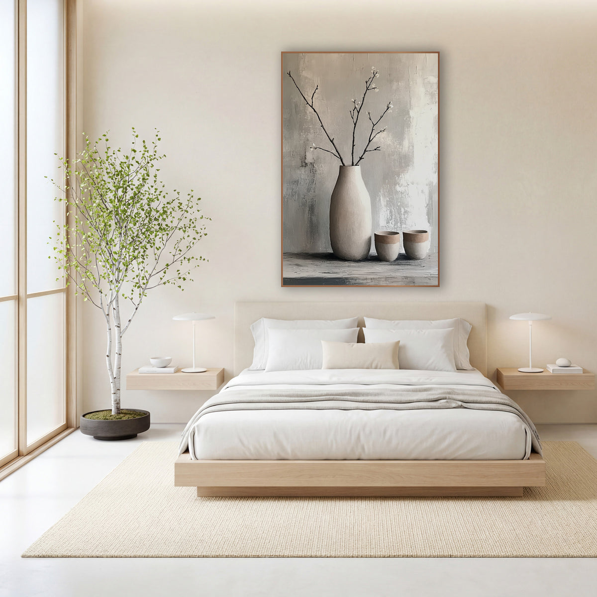 Bare Branch Vase Japandi Still Life wall art in a calm Japandi-style room – tall cream vase with bare blossoming