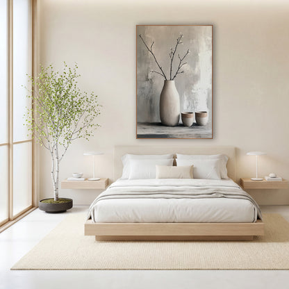 Bare Branch Vase Japandi Still Life wall art in a calm Japandi-style room – tall cream vase with bare blossoming