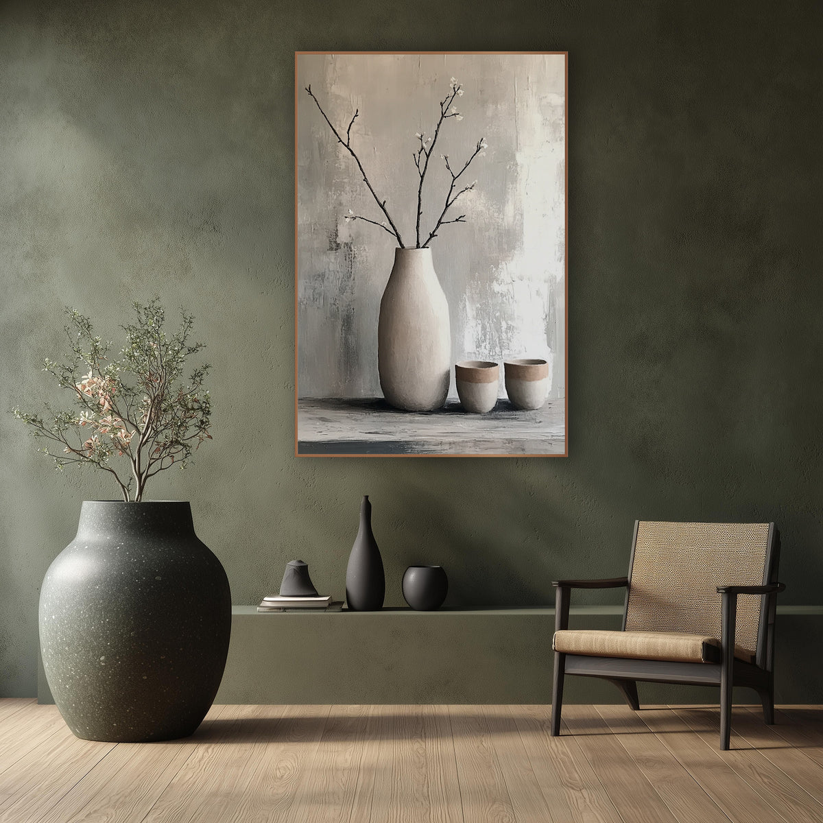 Bare Branch Vase Japandi Still Life wall art in a calm Japandi-style room – tall cream vase with bare blossoming
