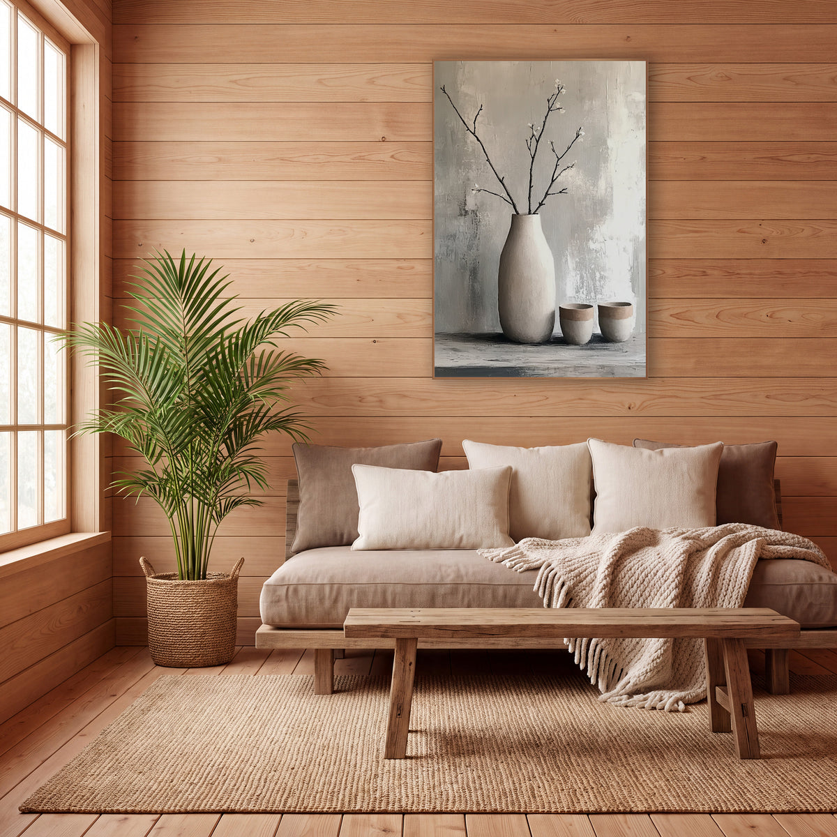Bare Branch Vase Japandi Still Life wall art in a calm Japandi-style room – tall cream vase with bare blossoming