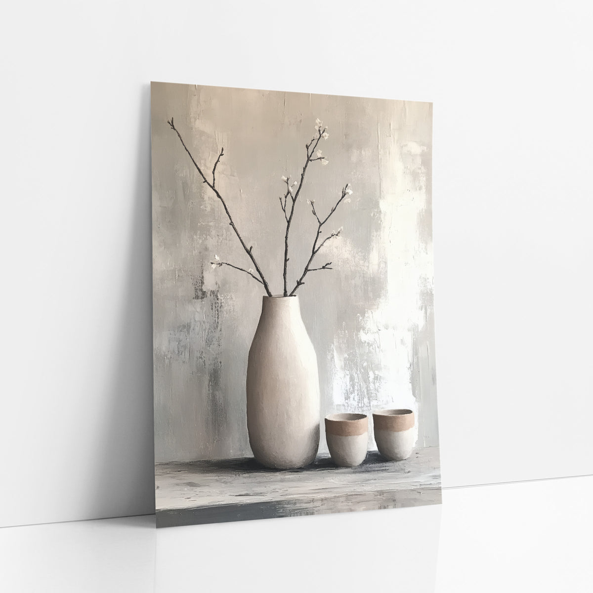 Bare Branch Vase Japandi Still Life art print leaning against a white wall – tall cream vase with bare blossoming branches