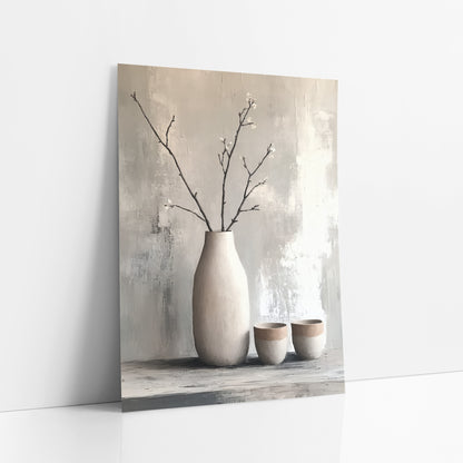Bare Branch Vase Japandi Still Life art print leaning against a white wall – tall cream vase with bare blossoming branches